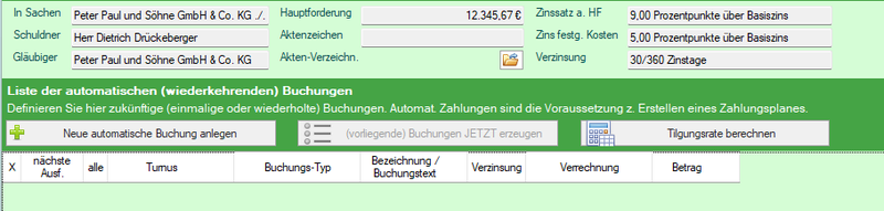 Arbeitsbereich automatische Buchungen Zahlungsplan 015