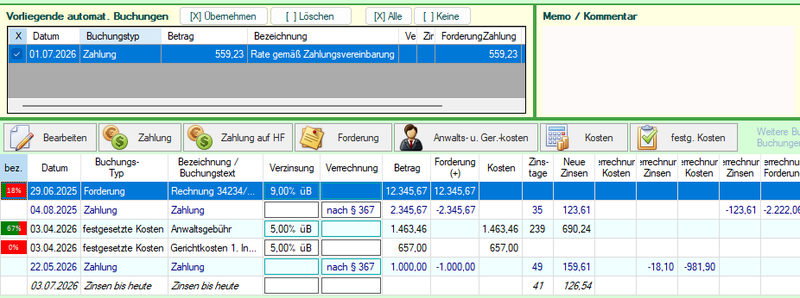 Automatische Buchung Zahlungsplan Rate übernehmen