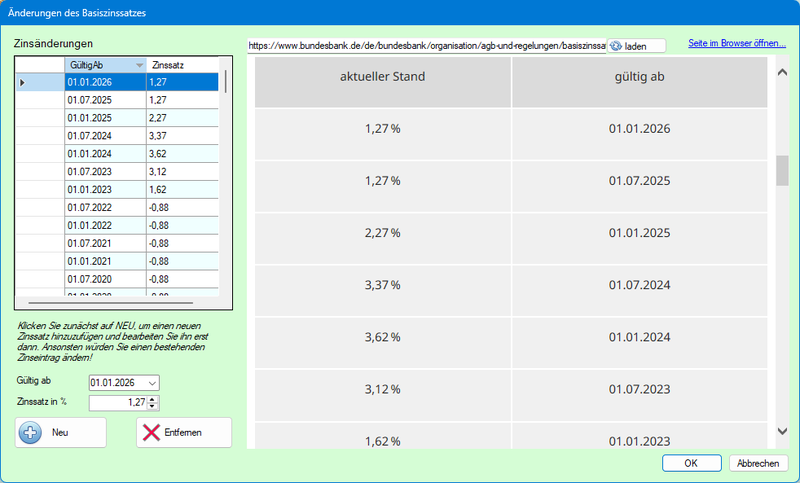 Screenshot Dialog Änderung des Basiszinssatzes