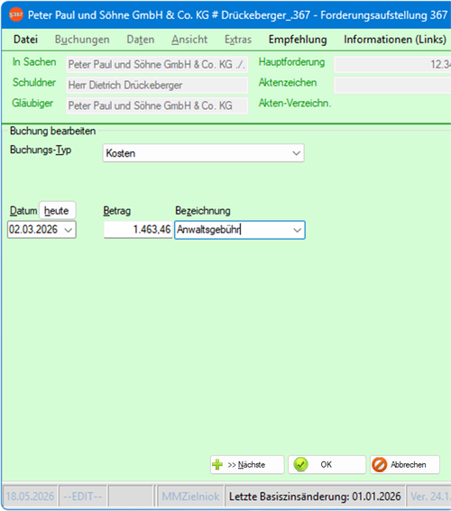 Screenshot einer Kostenbuchung mit Anwaltsgebühren