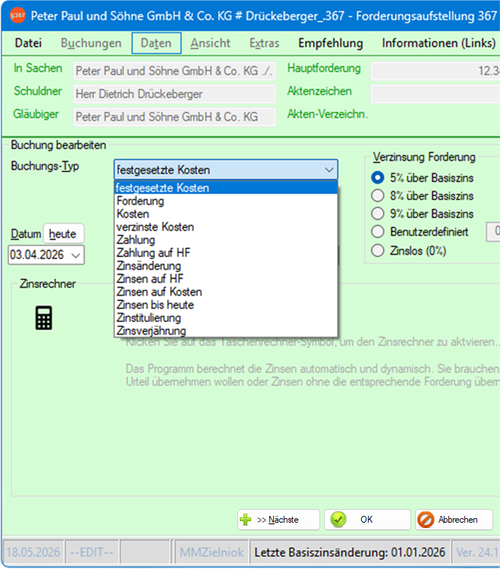 Screenshot einer Buchung mit ausgeklapptem Dropdown "Buchungstyp"