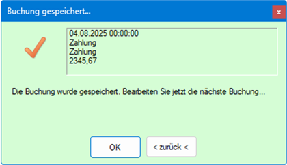 Screenshot des Dialogs mit der Bestätigung der Buchung