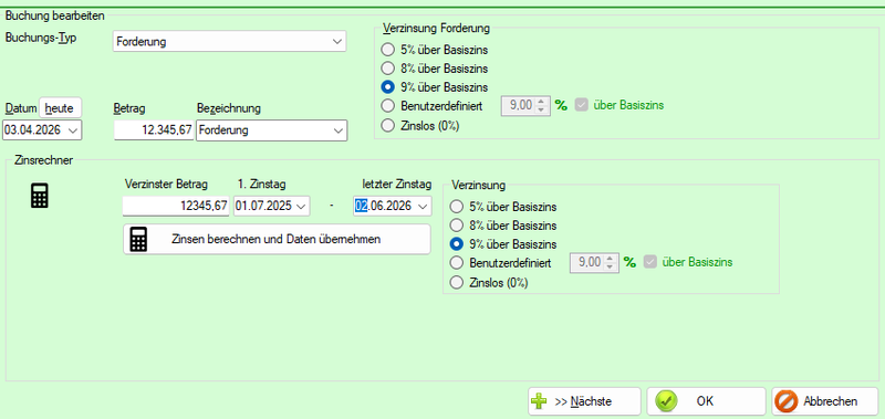 Buchungstyp Forderung mit Zinsrechner