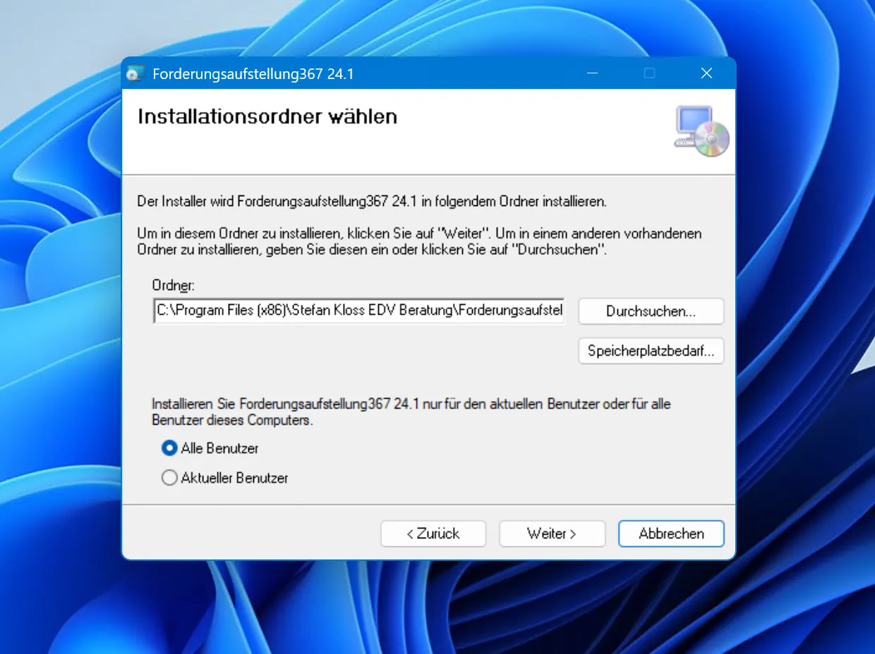 Forderungsaufstellung 367 Installation Programmverzeichnis