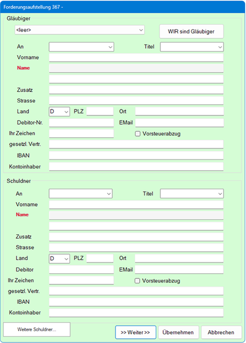 Screenshot des Dialogs Gläubiger und Schuldnerdaten