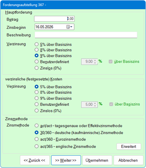 Screenshot des ausgefüllten Dialogs Hauptforderung und Zinsberechnungsmethode