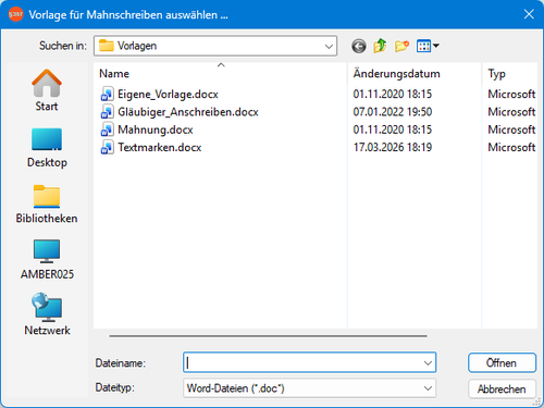 Screenshot Dialog Vorlage für Mahnschreiben auswählen im Forderungsmanager