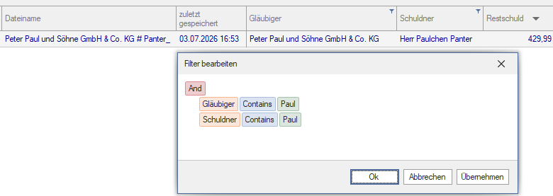 Screenshot  Dialog Filter bearbeiten mit Beispiel im Forderungsmanager
