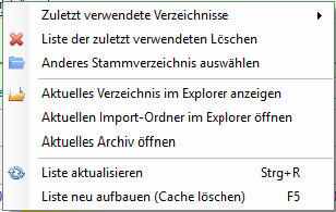 Screenshot des Kontextmenus für das Haupt-Verzeichnis im Forderungsmanager