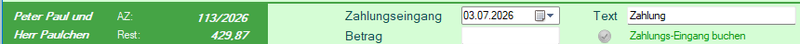 Screenshot vom Dialog Zahlungseingang verbuchen in der Forderungsmanger-Übersicht