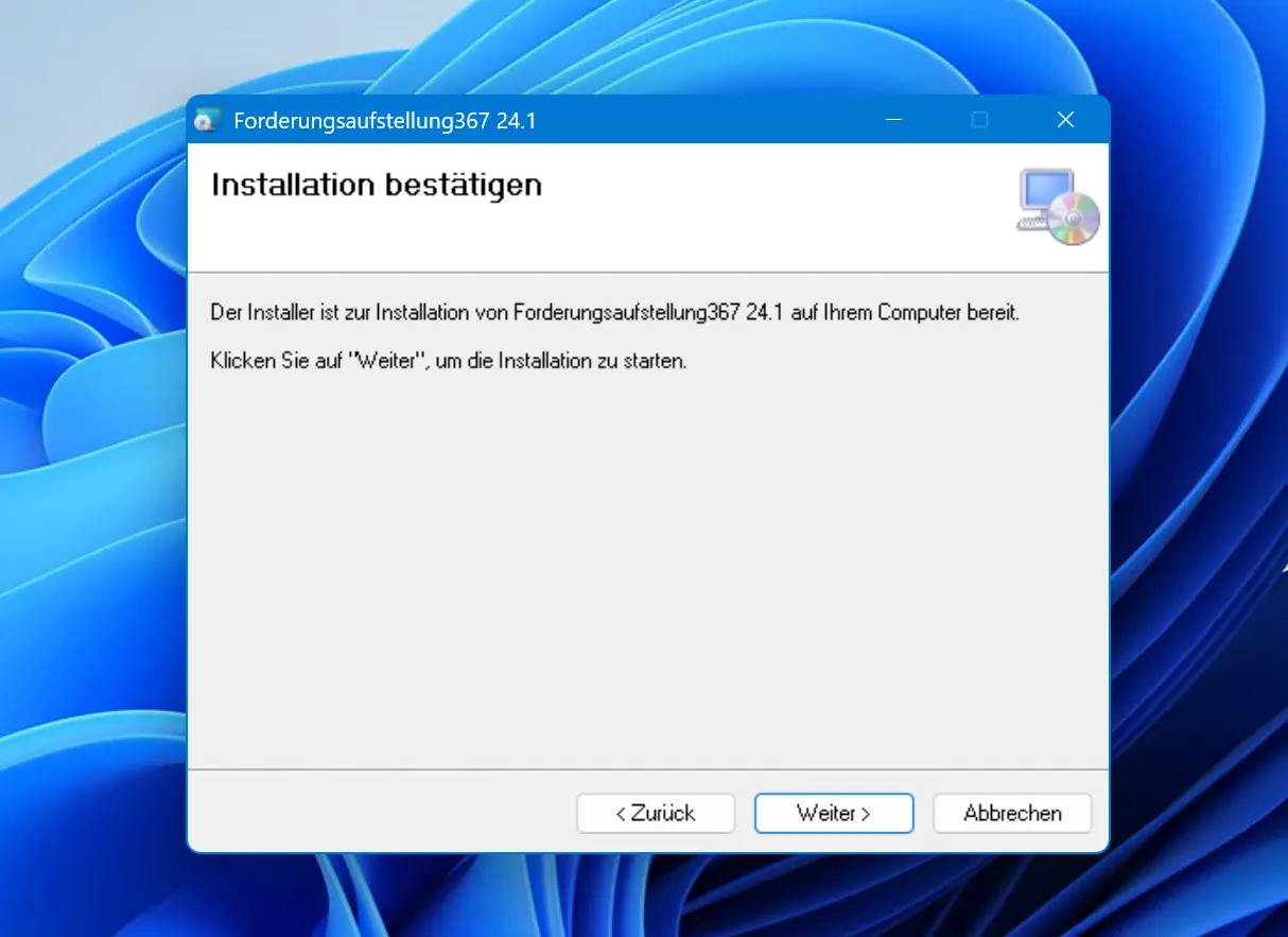 Start der Installation der Software Forderungsaufstellung 367