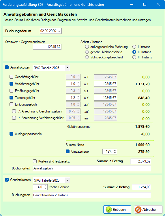 Buchungstyp Kosten Anwaltsgebühren und Gerichtskosten 2. Instanz 050