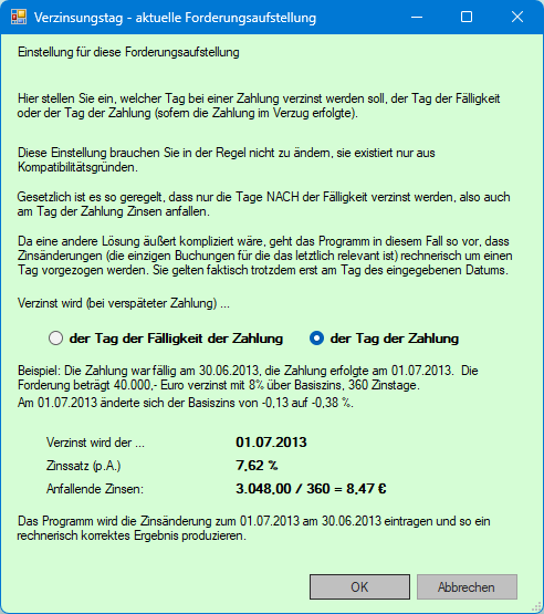 Screenshot des Dialogs Verzinsungstag