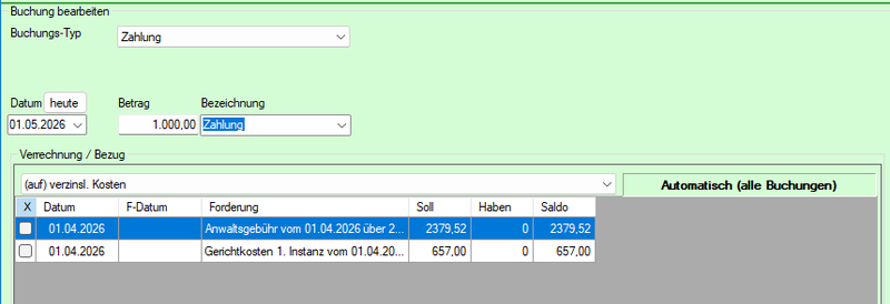 Screenshot Buchungstyp Zahlung mit Auswahl der Buchungen unter verzinsliche Kosten