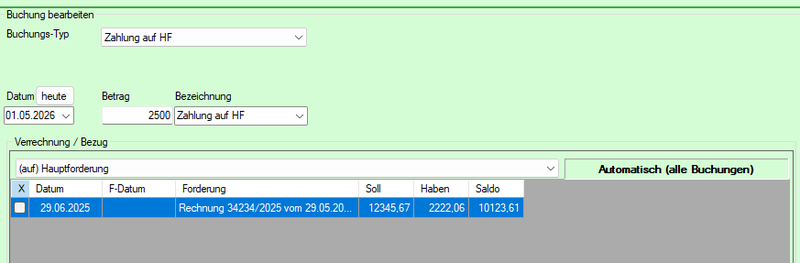 Screenshot Buchungstyp Zahlung direkt auf Hauptforderung buchen