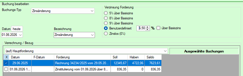 Screenshot Buchungstyp Zinsänderung mit Auswahl Hauptforderung