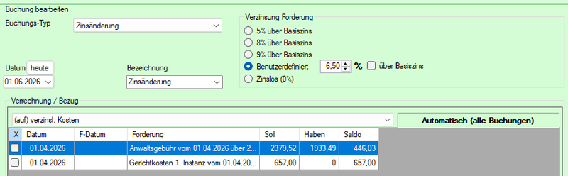 Screenshot Buchungstyp Zinsänderung auf alle verzinslichen Kosten