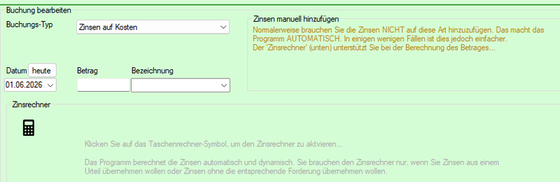 Screenshot Buchungstyp Zinsen auf Kosten