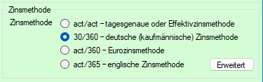 Screenshot Auswahl Zinsmethoden