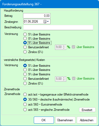 Screenshot Voreinstellungen für Zinssätze