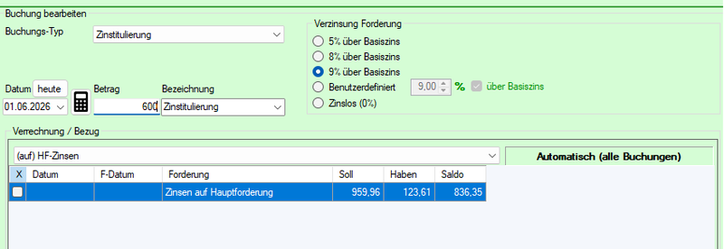 Screenshot Buchungstyp Zinstitulierung auf Hauptforderung