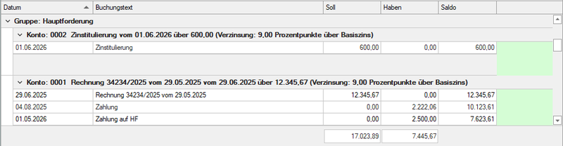Screenshot Kontoansicht Zinstitulierung als Buchung neuer Hauptforderung