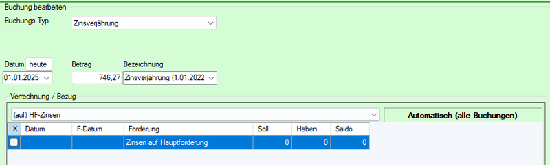 Screenshot mit Buchung Zinsverjährung auf Hauptforderung